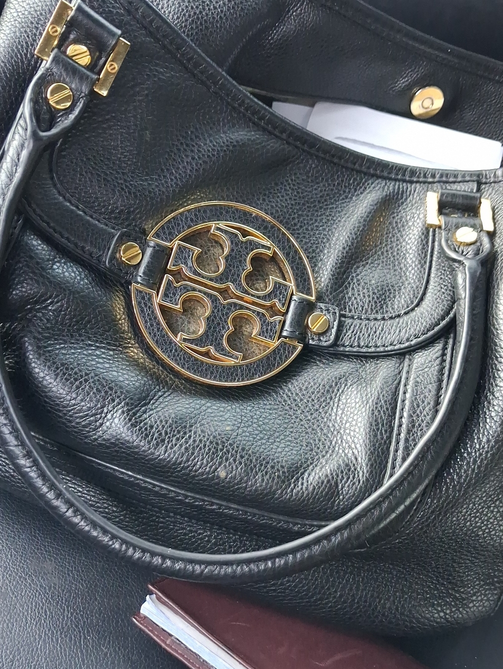 Tory Burch Black Leather Shoulder Bag with Gold Emblem